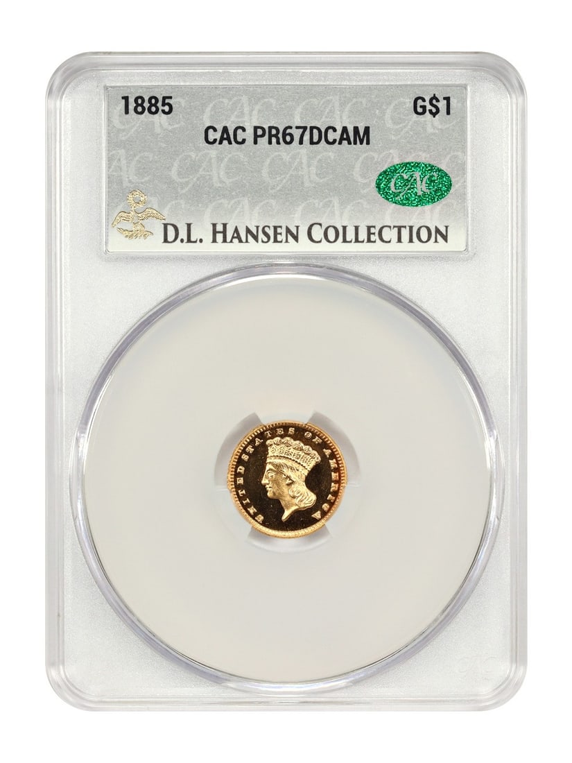 1885 Proof Gold Dollar CACG PR67DCAM ex D.L. Hansen US Coin: 1885 Proof Gold Dollar CACG PR67DCAM ex D.L. Hansen US Coin This is an 1885 Gold Dollar from the Philadelphia Mint, certified by CACG as PR67DCAM and previously part of the D.L. Hansen collection. Wit