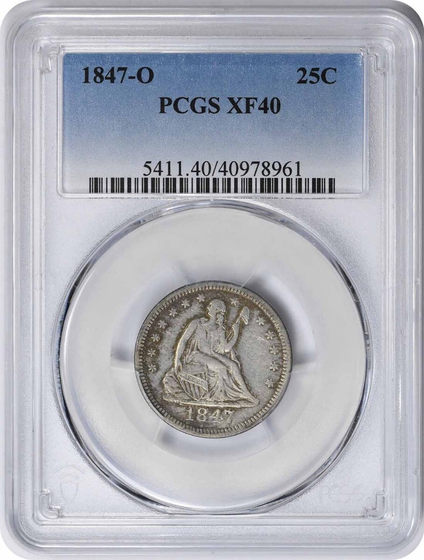 1847-O Liberty Seated Quarter XF PCGS Certified Silver Coin: 1847-O Liberty Seated Quarter XF PCGS Certified Silver Coin This 1847-O Liberty Seated Silver Quarter is a notable piece for collectors. Graded EF40 by PCGS, it showcases the classic Seated Liberty de