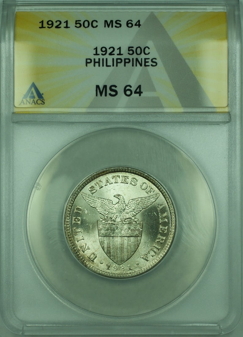 1921 Philippines 50 Centavos Silver Coin ANACS MS 64 KM#171 (1 of 2)