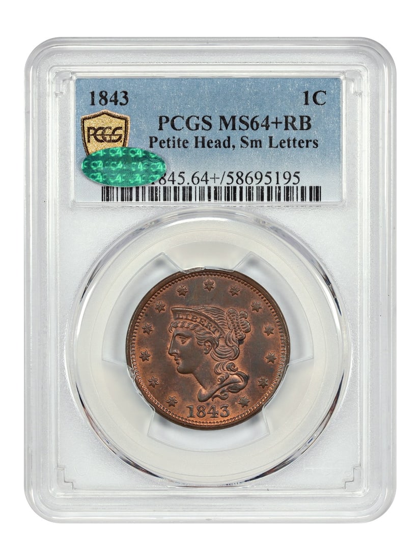 PCGS CAC MS64+RB 1843 Braided Hair Cent Petite Head Small Letters: PCGS CAC MS64+RB 1843 Braided Hair Cent Petite Head Small Letters This 1843 Braided Hair Cent features the Petite Head and Small Letters variety. It is graded MS64+RB by PCGS and is CAC approved, indi