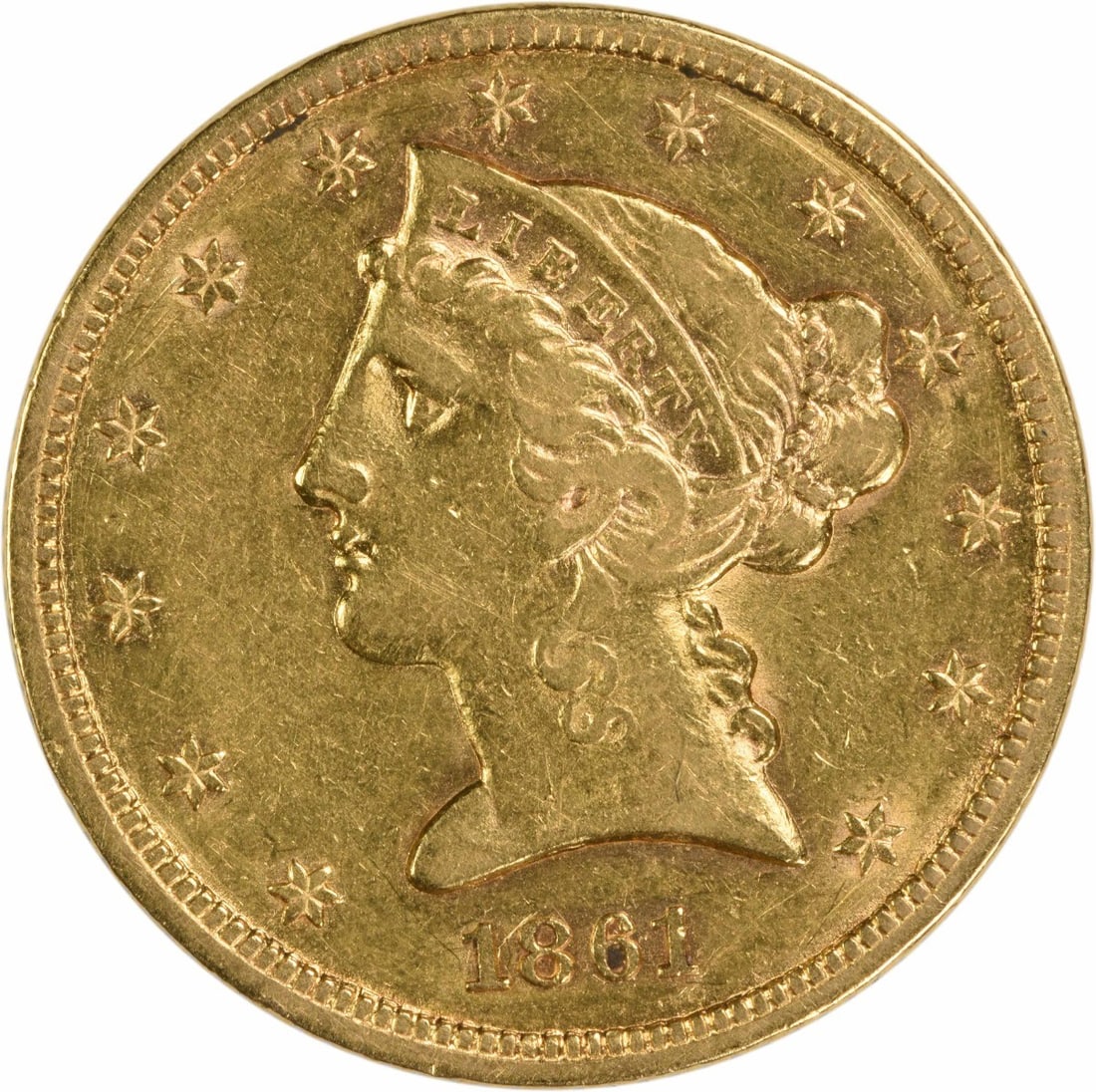 1861 $5 Gold Liberty Head AU Uncertified Coin (1 of 2)