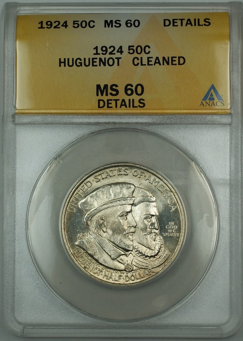 1924 Huguenot Commemorative Silver 50c Coin ANACS MS 60 Uncirculated: 1924 Huguenot Commemorative Silver 50c Coin ANACS MS 60 Uncirculated This 1924 Huguenot commemorative coin is a striking piece, certified by ANACS with a grade of MS 60 Details. It features a composit