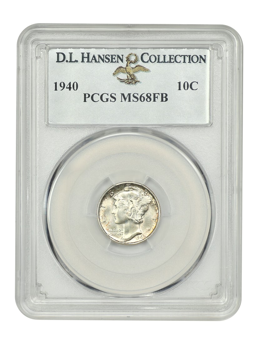 1940 10C Mercury Dime PCGS MS68FB D.L. Hansen Collection: 1940 10C Mercury Dime PCGS MS68FB D.L. Hansen Collection This 1940 Mercury Dime is certified by PCGS with a grade of MS68FB, indicating its exceptional quality as an uncirculated coin. Struck at the P