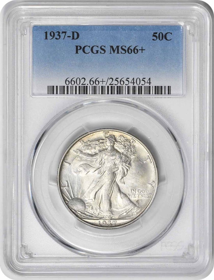 1937-D Walking Liberty Half Dollar MS66+ PCGS Uncirculated 90% Silver: 1937-D Walking Liberty Half Dollar MS66+ PCGS Uncirculated 90% Silver The 1937-D Walking Liberty Half Dollar is a stunning piece of numismatic history. Certified by PCGS with a grade of MS66+, this un