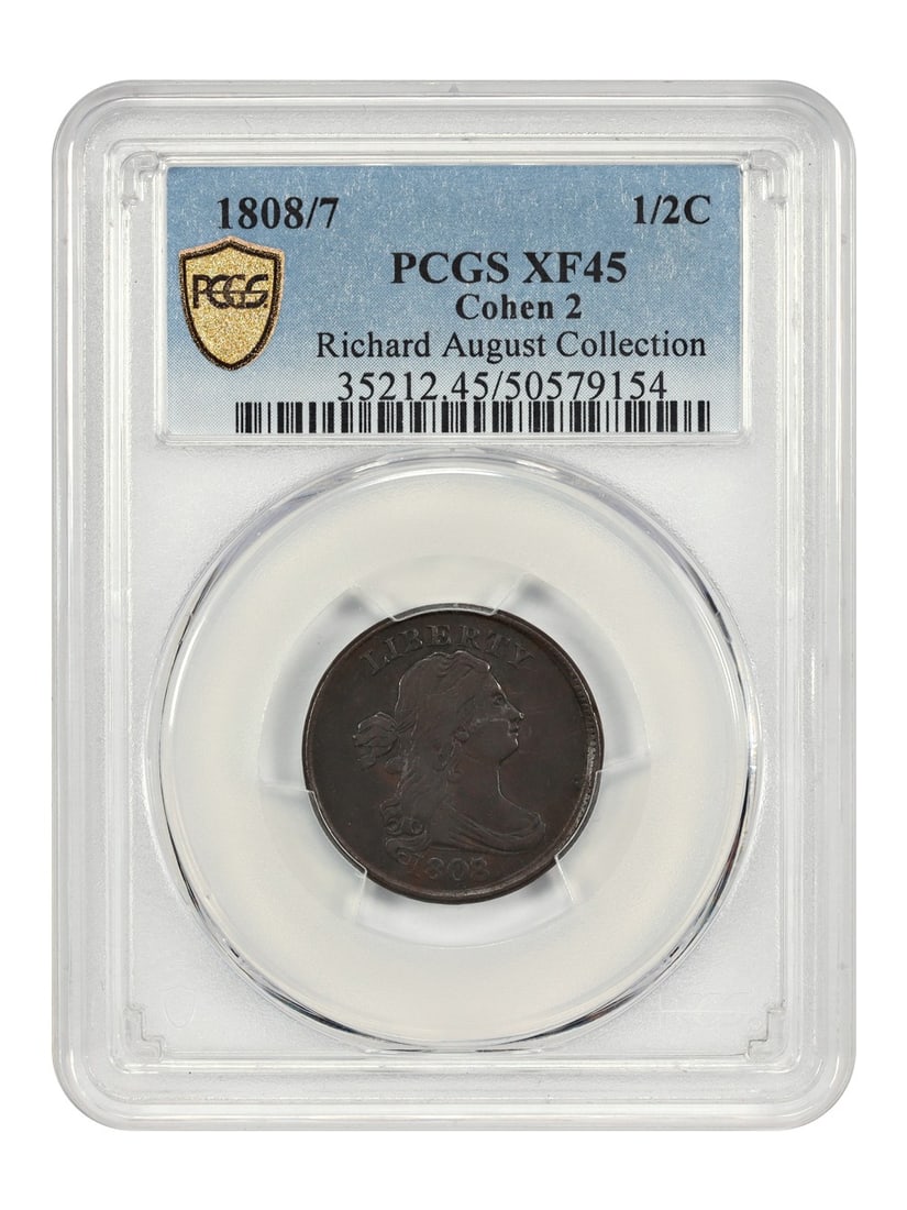 PCGS XF45 1808 over 7 Draped Bust Half Cent Cohen-2 Variety: PCGS XF45 1808 over 7 Draped Bust Half Cent Cohen-2 Variety This 1808/7 Draped Bust Half Cent is a scarce overdate coin, graded XF45 by PCGS and attributed as the Cohen-2 variety. Notable for the thic
