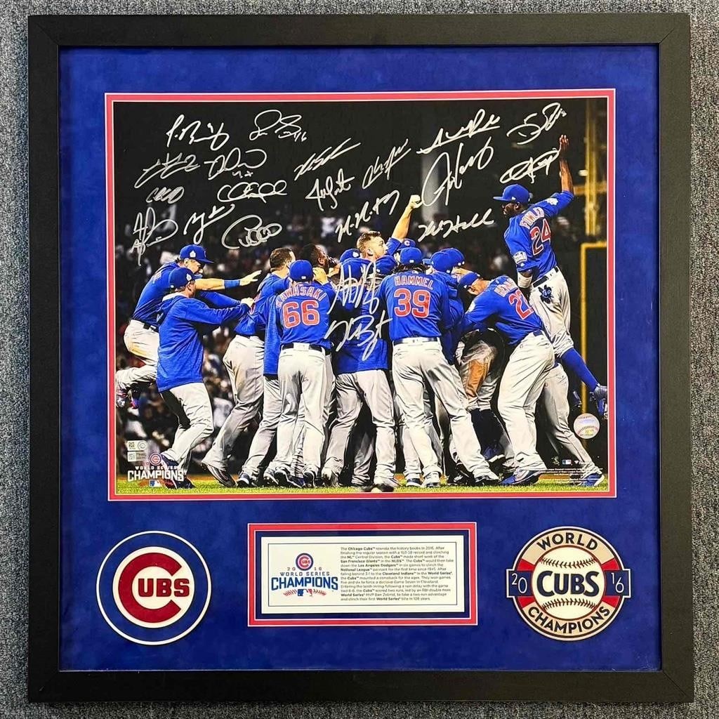 Framed 2016 Chicago Cubs Team Signed Photo 16x20 by Anthony Rizzo: Framed 2016 Chicago Cubs Team Signed Photo 16x20 by Anthony Rizzo Celebrate the historic 2016 World Series victory of the Chicago Cubs with this framed 16x20 photo, featuring the signature of star pla