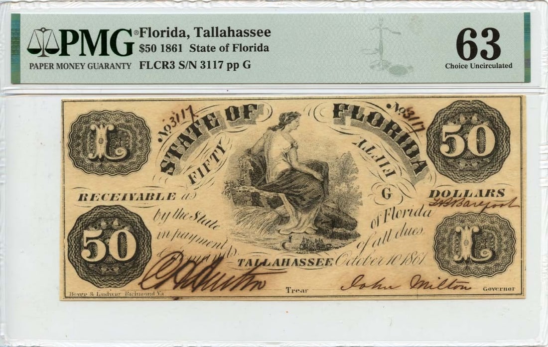 1861 $50 Tallahassee Florida Obsolete Note PMG MS63 (1 of 2)