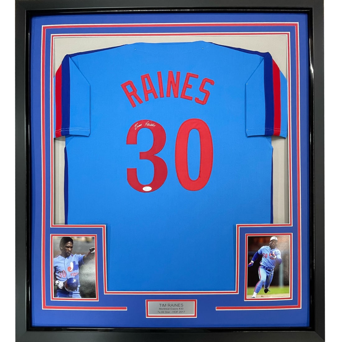Framed Autographed Tim Raines Montreal Expos Jersey with JSA COA: Framed Autographed Tim Raines Montreal Expos Jersey with JSA COA Celebrate the legacy of Tim Raines with this stunning framed autographed Montreal Expos baseball jersey. Featuring a vibrant blue desig