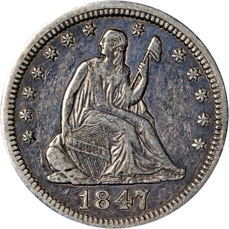 1847-P Seated Liberty Quarter Doubled Die Reverse Silver Coin: 1847-P Seated Liberty Quarter Doubled Die Reverse Silver Coin This 1847-P Seated Liberty Quarter features a rare Doubled Die Reverse, making it a unique collectible for numismatists. The coin is silve