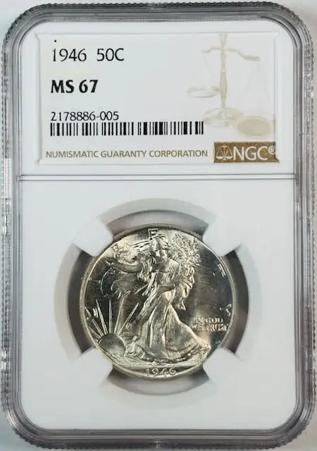 1946 Walking Liberty Half Dollar NGC MS67 Silver Coin: 1946 Walking Liberty Half Dollar NGC MS67 Silver Coin This 1946 Walking Liberty Half Dollar is a stunning example of American coinage, graded as MS-67 by NGC, ensuring its exceptional quality and unci