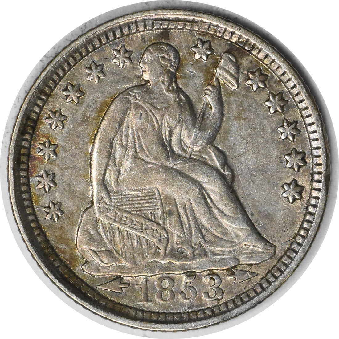 1853 Liberty Seated Half Dime AU Silver Coin Christian Gobrecht: 1853 Liberty Seated Half Dime AU Silver Coin Christian Gobrecht This 1853 Liberty Seated Silver Half Dime features a beautiful design by Christian Gobrecht, showcasing the seated Liberty. The coin is