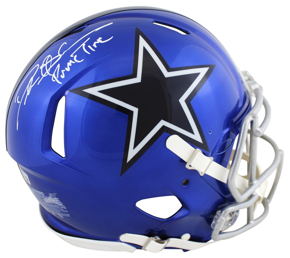 Deion Sanders Signed Dallas Cowboys Flash Helmet with Primetime Inscription BAS: Deion Sanders Signed Dallas Cowboys Flash Helmet with Primetime Inscription BAS This authentic full-size Speed Proline helmet features the inscription "Primetime" and is personally signed by Deion San