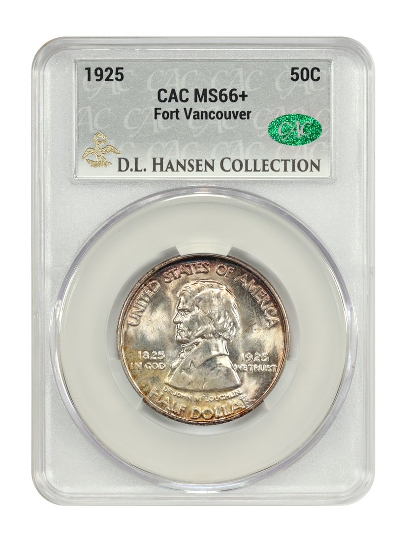 1925 Vancouver 50C Classic Silver Commemorative CACG MS66 Plus Ex D.L. Hansen: 1925 Vancouver 50C Classic Silver Commemorative CACG MS66 Plus Ex D.L. Hansen This 1925 50C Vancouver Classic Silver Commemorative coin was struck at the Philadelphia Mint to honor the centennial of F