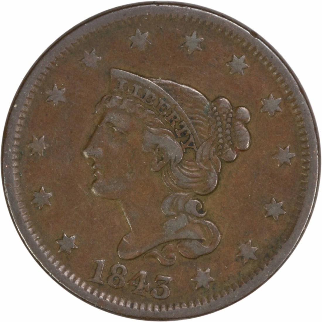1843 Braided Hair Large Cent VF Uncertified Philadelphia Mint: 1843 Braided Hair Large Cent VF Uncertified Philadelphia Mint This 1843 Large Cent features petite/small letters and is graded as Very Fine (VF). Struck at the Philadelphia Mint, this copper coin show