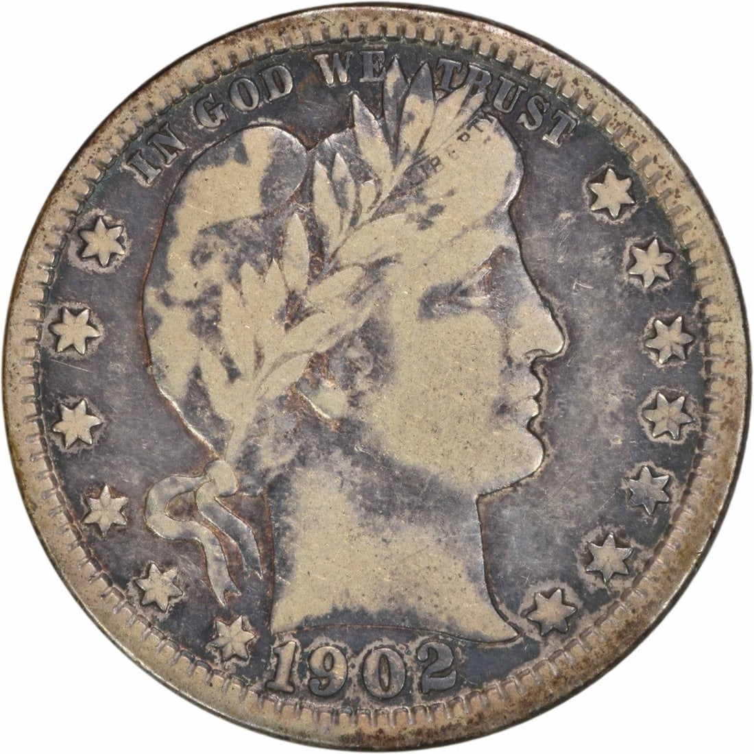 1902-O Barber Quarter 25C Silver Circulated Coin Uncertified: 1902-O Barber Quarter 25C Silver Circulated Coin Uncertified This 1902-O Barber Silver Quarter is a remarkable piece of numismatic history, featuring a design by Charles E. Barber. Minted in New Orlea