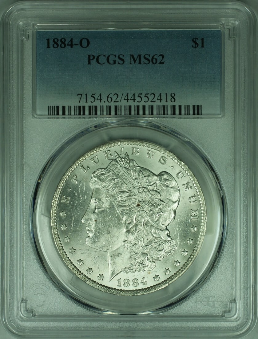 1884-O Morgan Silver Dollar Coin PCGS MS-62 Uncirculated: 1884-O Morgan Silver Dollar Coin PCGS MS-62 Uncirculated This 1884-O Morgan Silver Dollar Coin is a remarkable piece of history, certified by PCGS with a grade of MS 62. Minted in New Orleans, this un
