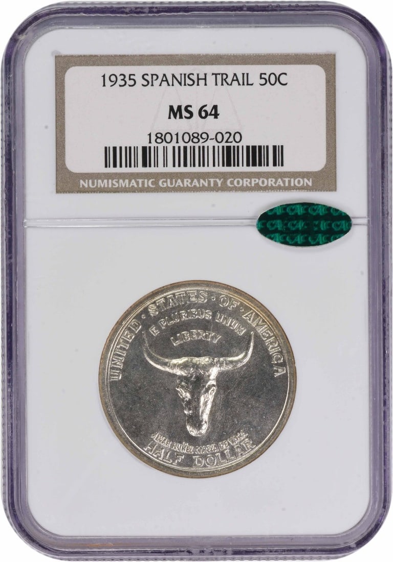 1935 Spanish Trail Commemorative Half Dollar MS64 NGC Certified: 1935 Spanish Trail Commemorative Half Dollar MS64 NGC Certified This 1935 Spanish Trail Commemorative Half Dollar is a remarkable piece minted in Philadelphia, featuring a stunning uncirculated grade
