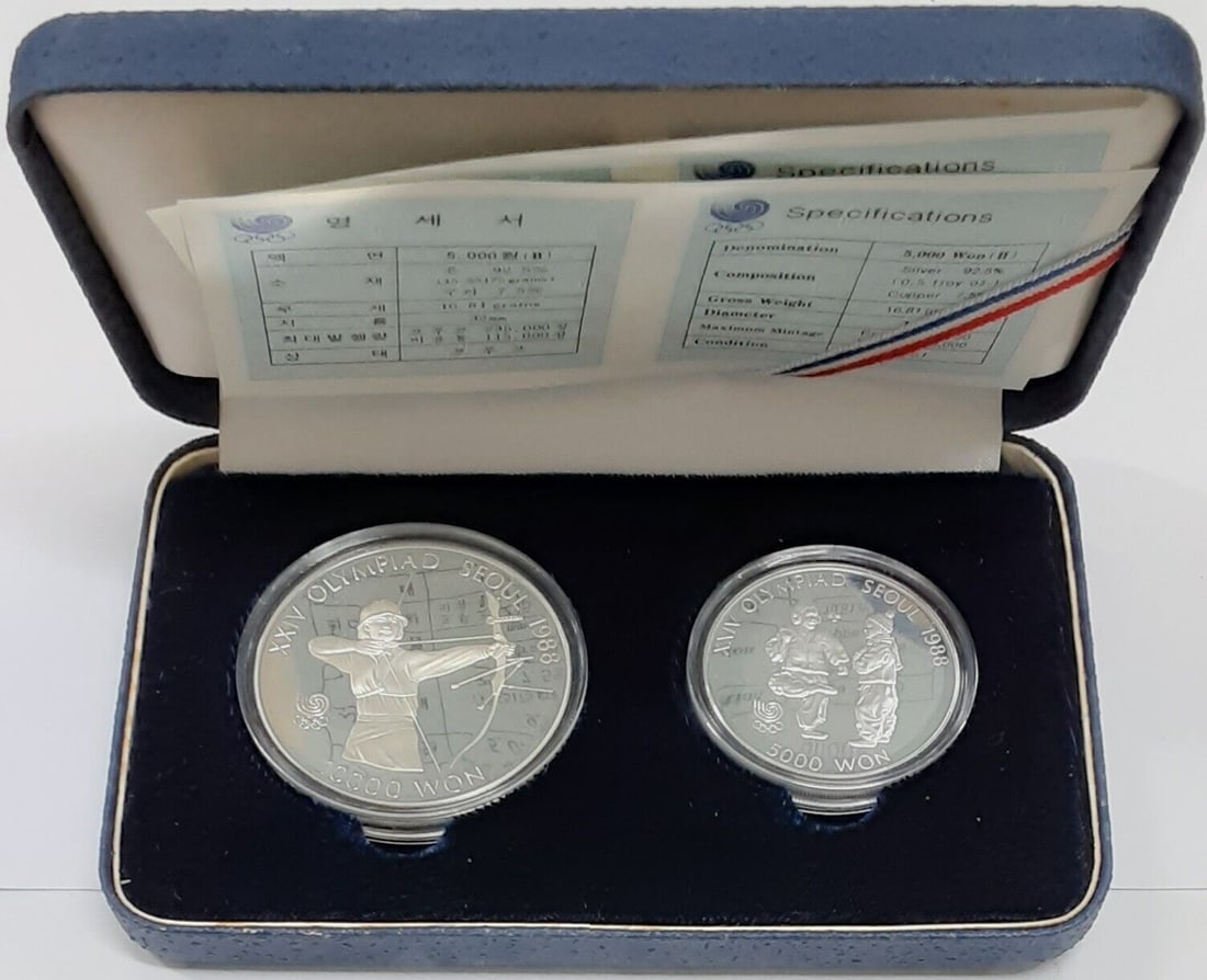 1987 South Korea Silver Proof 2 Coin Set 1988 Olympic Games 5000 10000 Won (1 of 5)