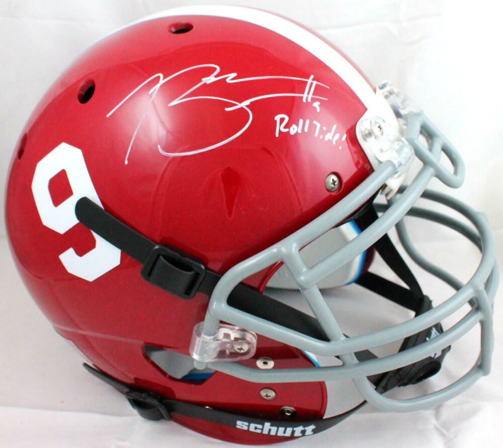 Bryce Young Signed Alabama Crimson Tide Full Size Helmet with Roll Tide: Bryce Young Signed Alabama Crimson Tide Full Size Helmet with Roll Tide This authentic Schutt full-size football helmet features the signature of Bryce Young, the talented quarterback from the Alabama