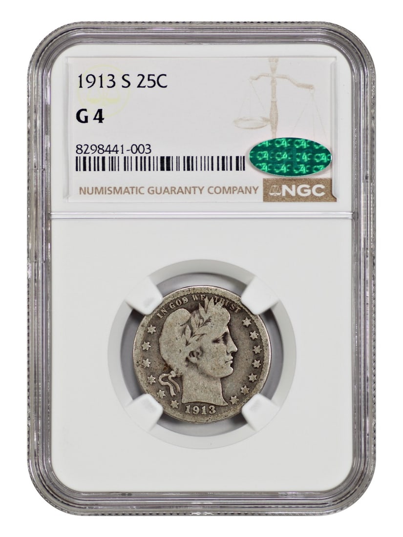 1913-S Barber Quarter 25C NGC CAC Certified Key Date Coin (1 of 4)