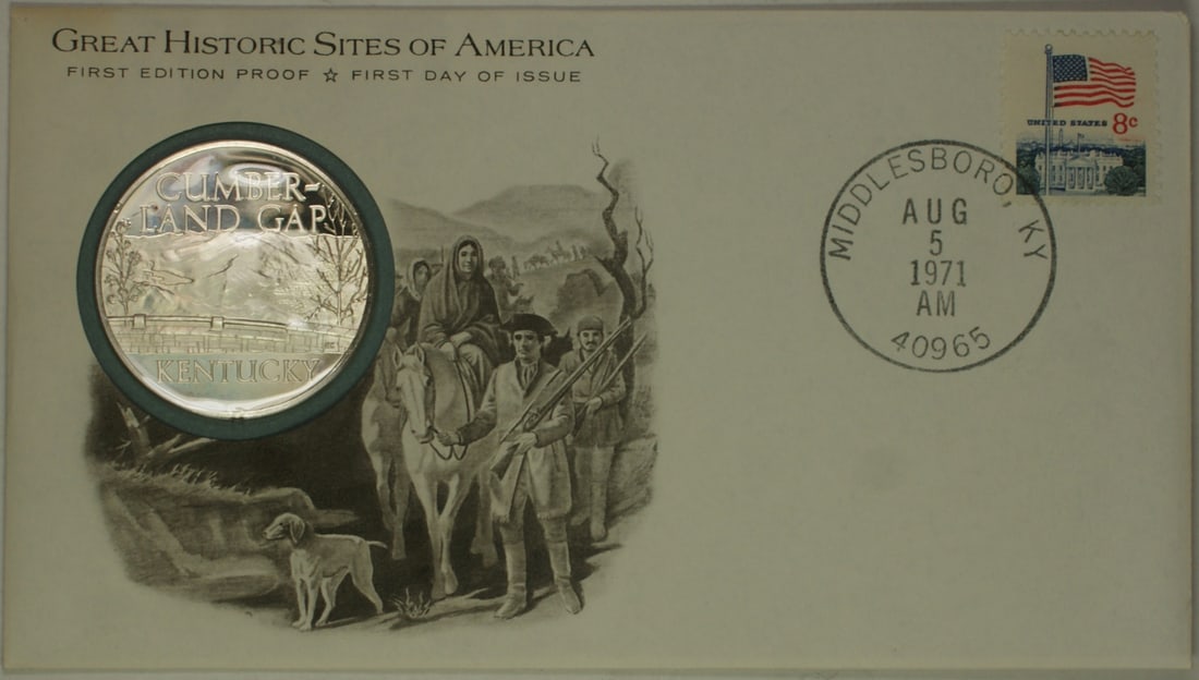 1971 Middlesboro Kentucky Historic Site Silver Medal First Day Cover: 1971 Middlesboro Kentucky Historic Site Silver Medal First Day Cover This 1971 Middlesboro Kentucky Great Historic Site Medal is a remarkable collectible featuring a proof silver composition. It is ca