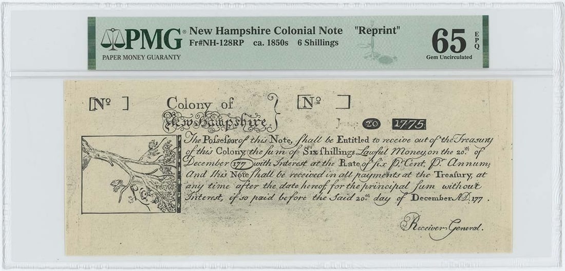 1775 New Hampshire Colonial 6 Shilling Currency NH-128RP PMG GEM65 EPQ: 1775 New Hampshire Colonial 6 Shilling Currency NH-128RP PMG GEM65 EPQ This exquisite 1775 New Hampshire 6 Shilling note (NH-128) is a prime example of colonial currency. Graded PMG GEM65 EPQ, it is i