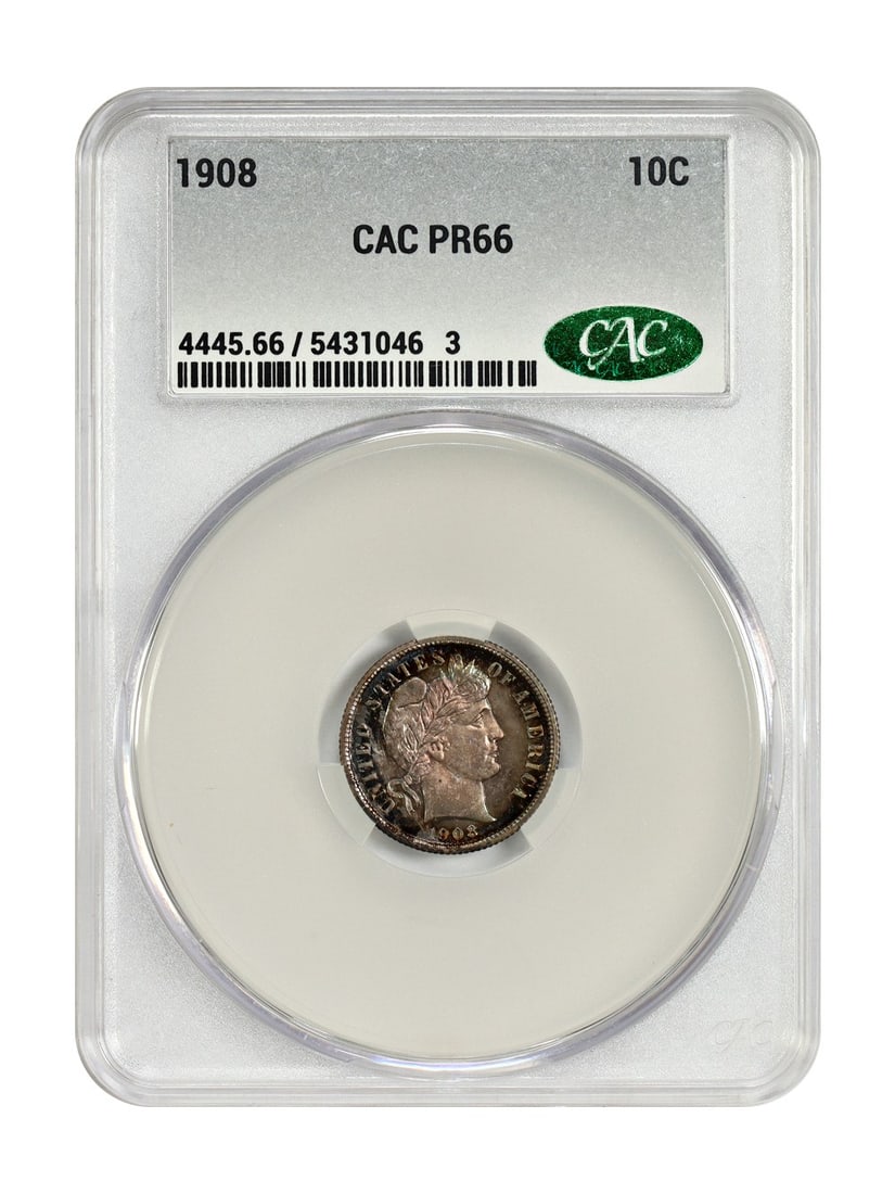 1908 Proof Barber Dime CACG Graded PR66 Philadelphia Mint: 1908 Proof Barber Dime CACG Graded PR66 Philadelphia Mint This is an uncirculated 1908 Barber Dime, certified by CACG with a grade of PR66. Struck in Philadelphia, this gem proof coin is notable for i