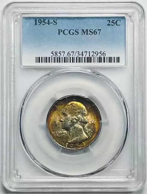 1954 S Washington Quarter PCGS MS67 with Vibrant Rainbow Toning (1 of 4)