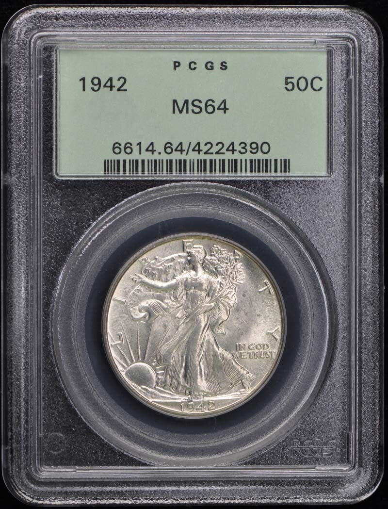 1942 Walking Liberty Half Dollar PCGS MS64 Uncirculated: 1942 Walking Liberty Half Dollar PCGS MS64 Uncirculated This 1942 Walking Liberty Half Dollar is certified by PCGS with a remarkable grade of MS64, indicating its uncirculated condition. Minted in Phi