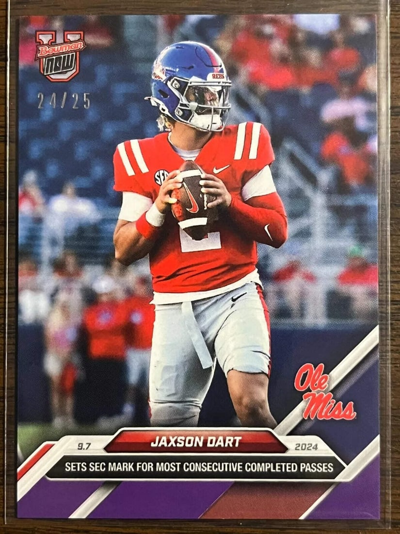 2024 Topps Bowman U Jaxson Dart #10 Purple #/25 Ole Miss Rebels Card: 2024 Topps Bowman U Jaxson Dart #10 Purple #/25 Ole Miss Rebels Card This is a 2024 Topps Bowman U Now Jaxson Dart #10 Purple Football Card, limited to just 25 copies. It features the talented Ole Mis