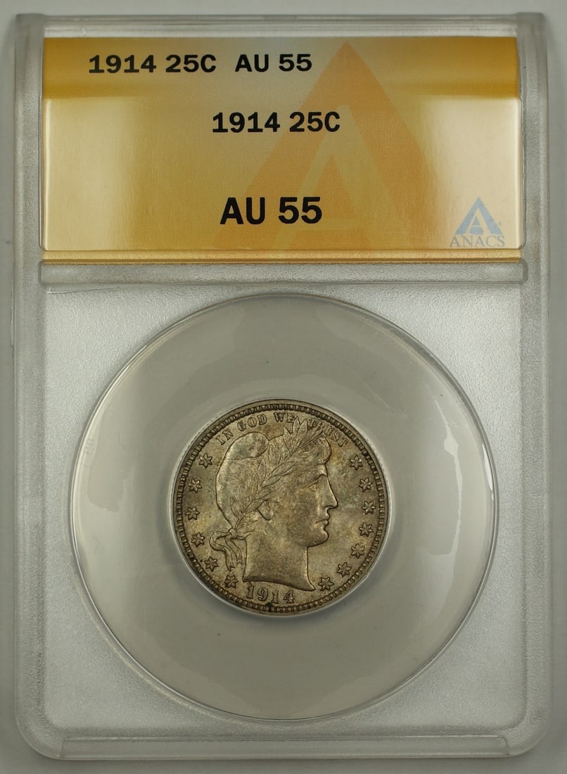 1914 Barber Silver Quarter Coin ANACS AU-55 Philadelphia Mint: 1914 Barber Silver Quarter Coin ANACS AU-55 Philadelphia Mint This 1914 Barber Silver Quarter Coin is a notable collectible piece, certified by ANACS with a grade of AU 55. Minted in Philadelphia, thi