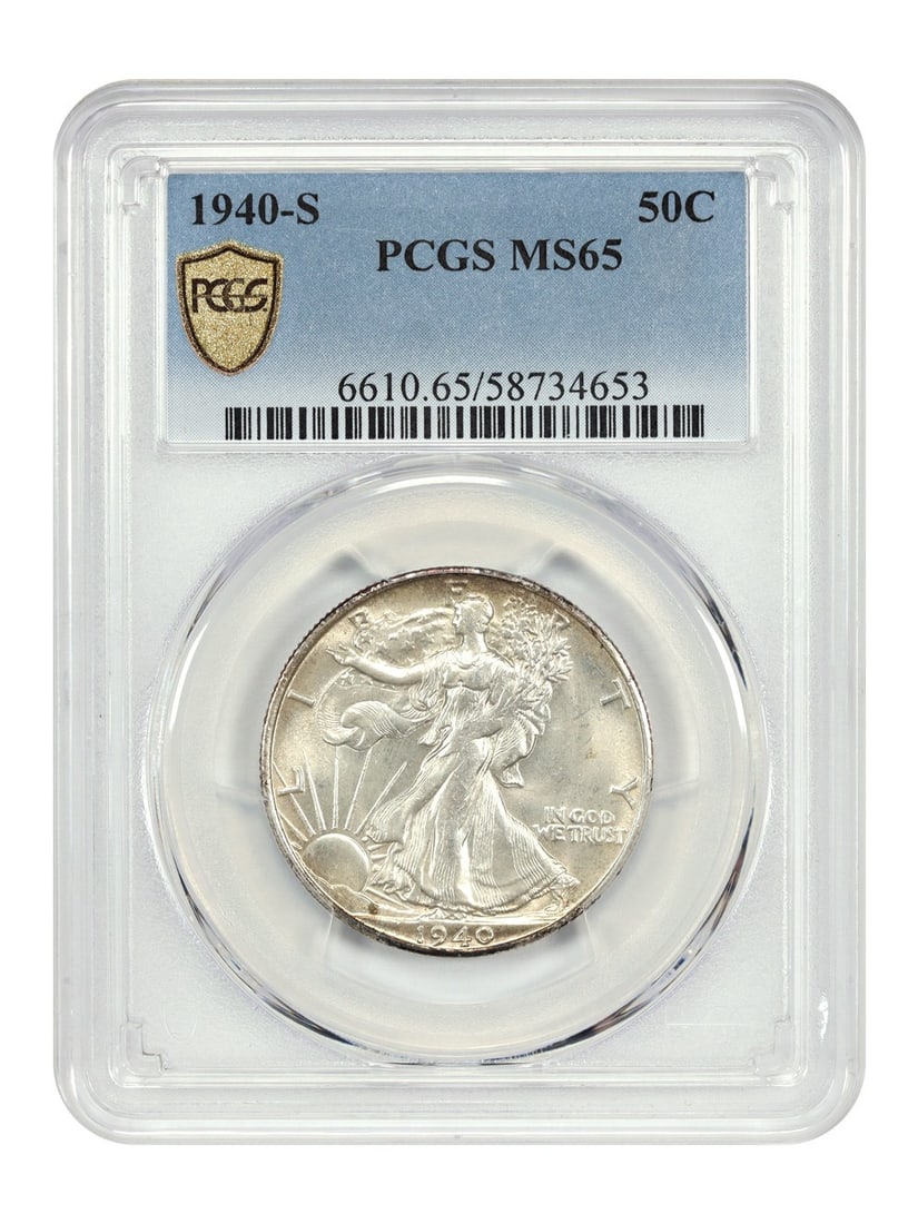 1940-S Walking Liberty Half Dollar PCGS MS65 Uncirculated: 1940-S Walking Liberty Half Dollar PCGS MS65 Uncirculated This 1940-S Walking Liberty Half Dollar is certified by PCGS with a grade of MS65, indicating its uncirculated condition. Struck in San Franci