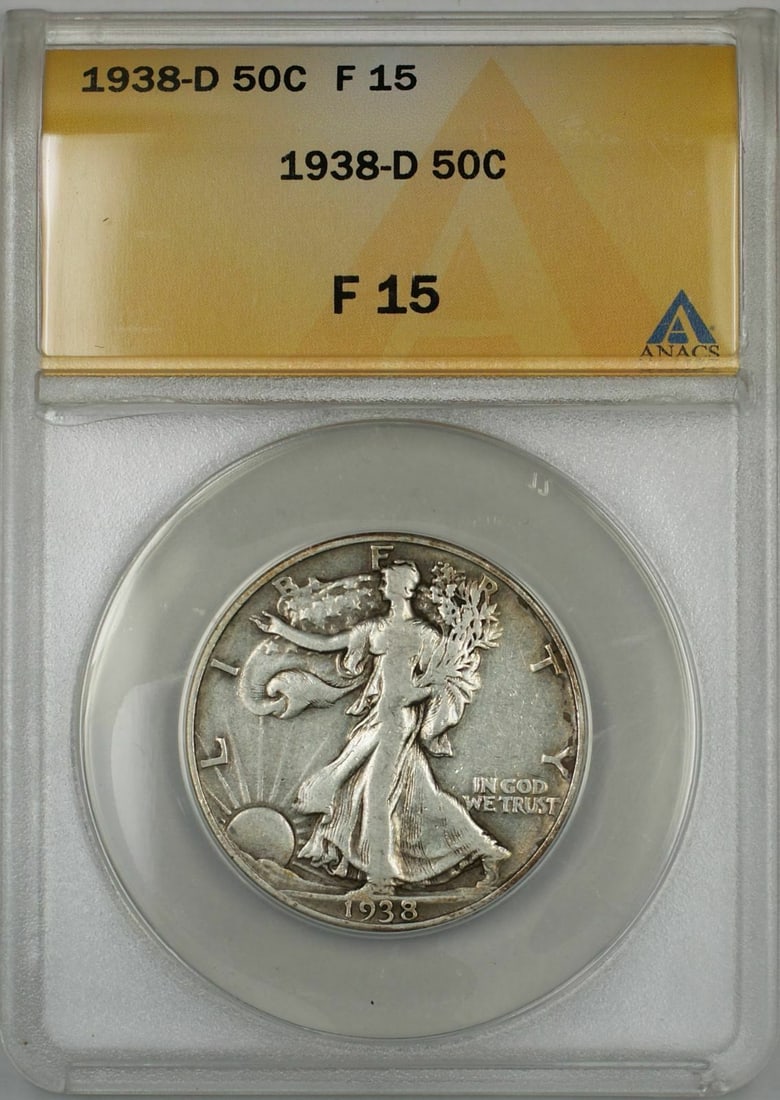 1938-D Walking Liberty Half Dollar Coin ANACS F 15 Silver Denver: 1938-D Walking Liberty Half Dollar Coin ANACS F 15 Silver Denver This 1938-D Walking Liberty Half Dollar Coin is a notable piece of American currency. Graded F 15 by ANACS, this coin originates from t