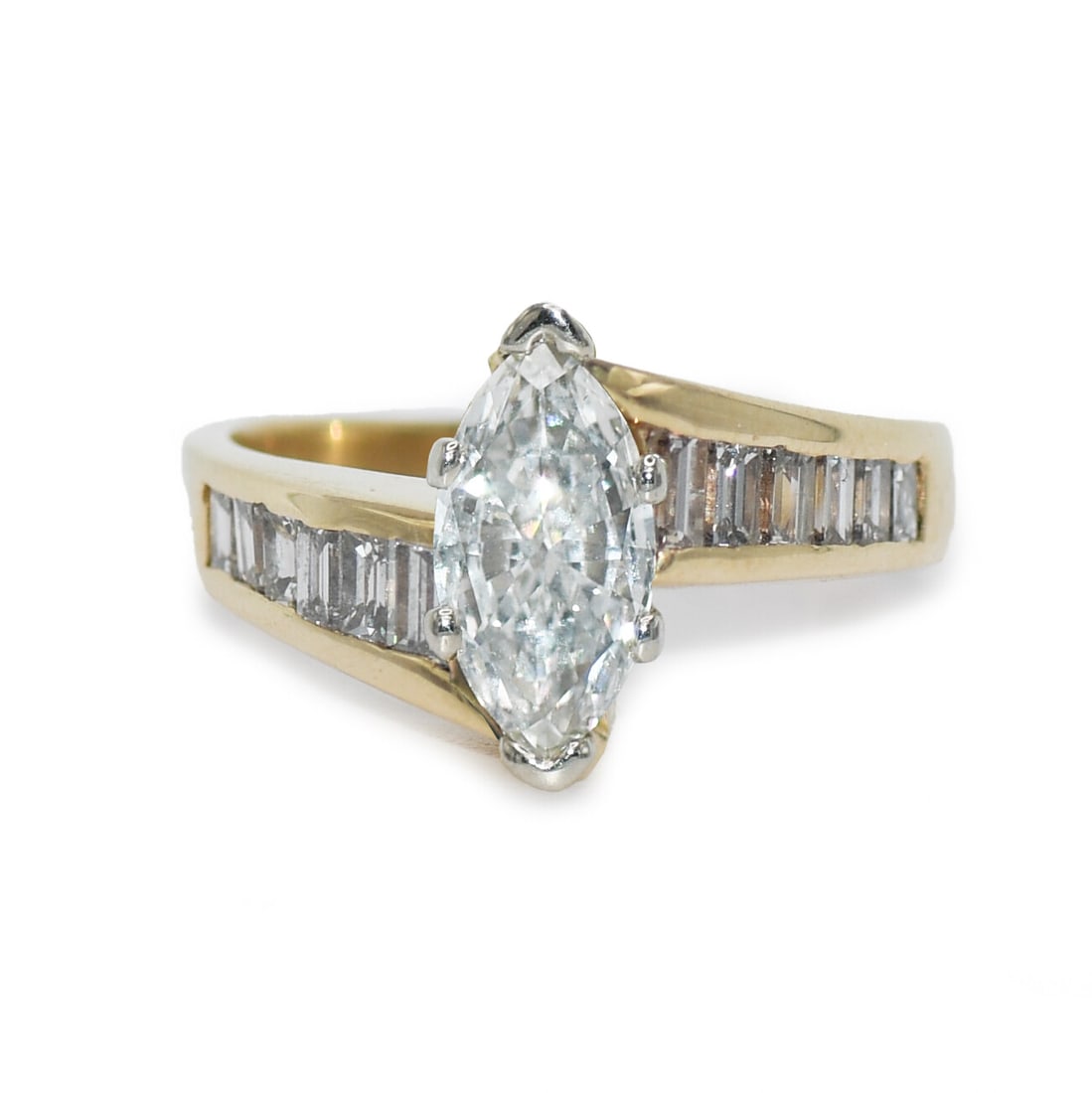 Elegant 14K Yellow Gold Marquise Diamond Ring with Emerald-Cut Side Stones (1 of 6)