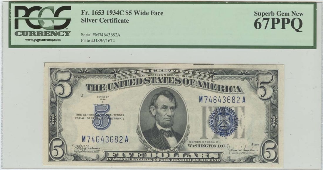 1934C $5 Silver Certificate FR#1653 PCGS 67 Superb Gem Uncirculated (1 of 2)