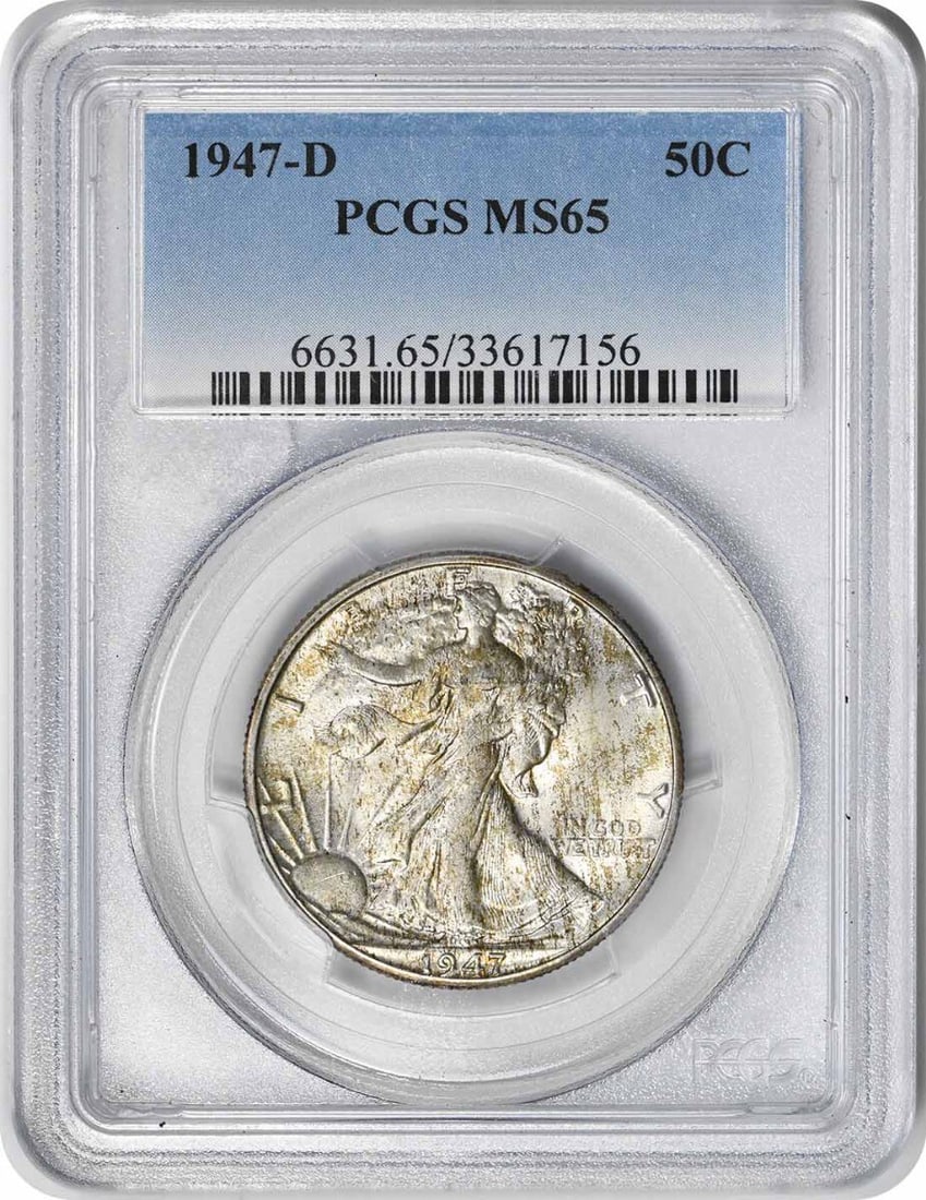 1947-D Walking Liberty Half Dollar MS65 PCGS 90% Silver Coin: 1947-D Walking Liberty Half Dollar MS65 PCGS 90% Silver Coin This 1947-D Walking Liberty Silver Half Dollar is an exceptional piece for collectors. Certified by PCGS with a grade of MS65, it showcases
