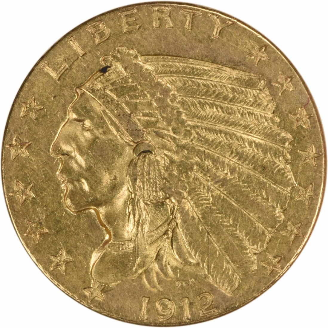 1912 Gold Indian $2.50 Coin by Bela Lyon Pratt AU Uncertified: 1912 Gold Indian $2.50 Coin by Bela Lyon Pratt AU Uncertified This 1912 $2.50 Gold Indian coin exhibits an AU grade and showcases the artistry of designer Bela Lyon Pratt. Minted in Philadelphia, this