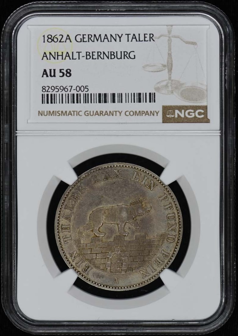 1862 Anhalt-Bernburg Silver Taler NGC AU58 Coin: 1862 Anhalt-Bernburg Silver Taler NGC AU58 Coin This 1862 Anhalt-Bernburg Silver Taler is a remarkable collectible coin graded AU58 by NGC, indicating its excellent condition with minimal wear from ci