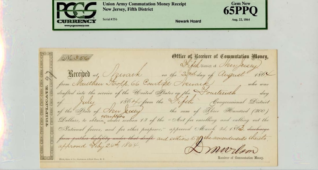 Union Army Commutation Money Receipt 1864 Graded MS65 PCGS (1 of 2)