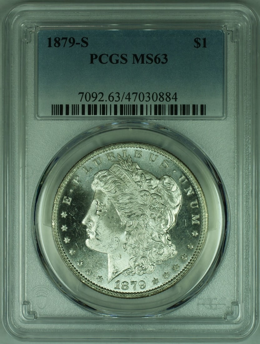 1879-S Morgan Silver Dollar PCGS MS-63 Semi Proof-Like Silver Coin: 1879-S Morgan Silver Dollar PCGS MS-63 Semi Proof-Like Silver Coin This 1879-S Morgan Silver Dollar is a stunning example of numismatic artistry, graded MS-63 by PCGS. It features a beautiful semi-pro