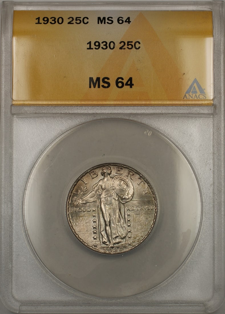 1930 Silver Standing Liberty Quarter Coin ANACS MS 64 Uncirculated: 1930 Silver Standing Liberty Quarter Coin ANACS MS 64 Uncirculated This 1930 Silver Standing Liberty Quarter Coin is a remarkable piece for collectors. Graded MS 64 by ANACS, it is classified as uncir