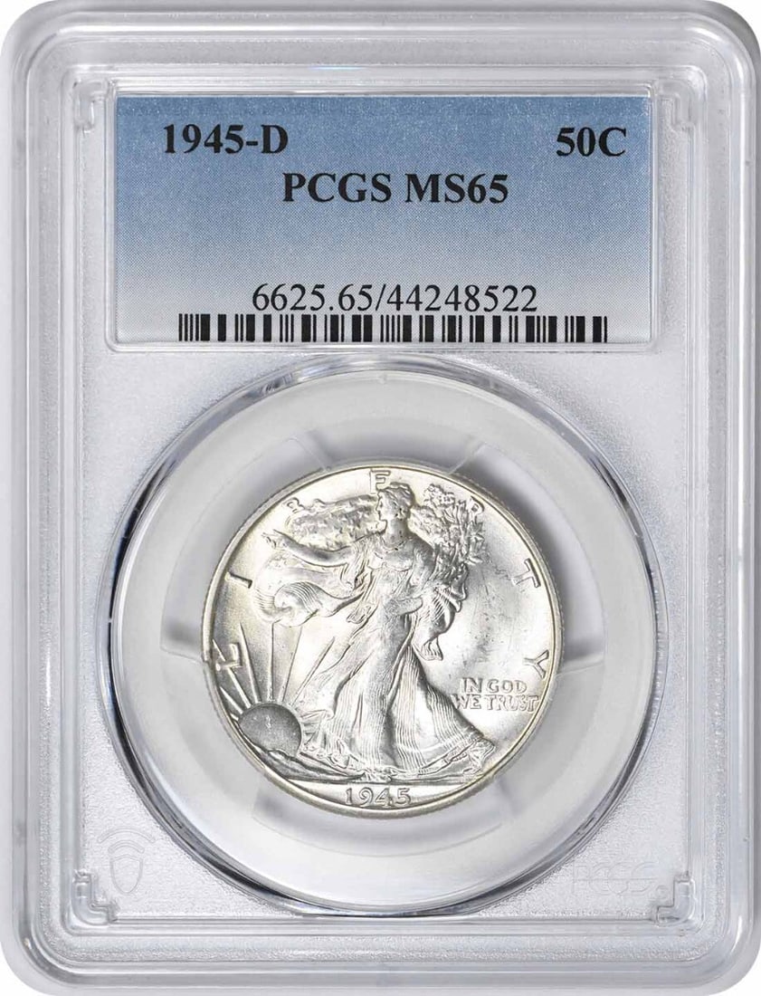1945-D Walking Liberty Half Dollar MS65 PCGS Uncirculated Silver Coin: 1945-D Walking Liberty Half Dollar MS65 PCGS Uncirculated Silver Coin This 1945-D Walking Liberty Silver Half Dollar is a remarkable piece, certified by PCGS with a high grade of MS65. Struck at the D