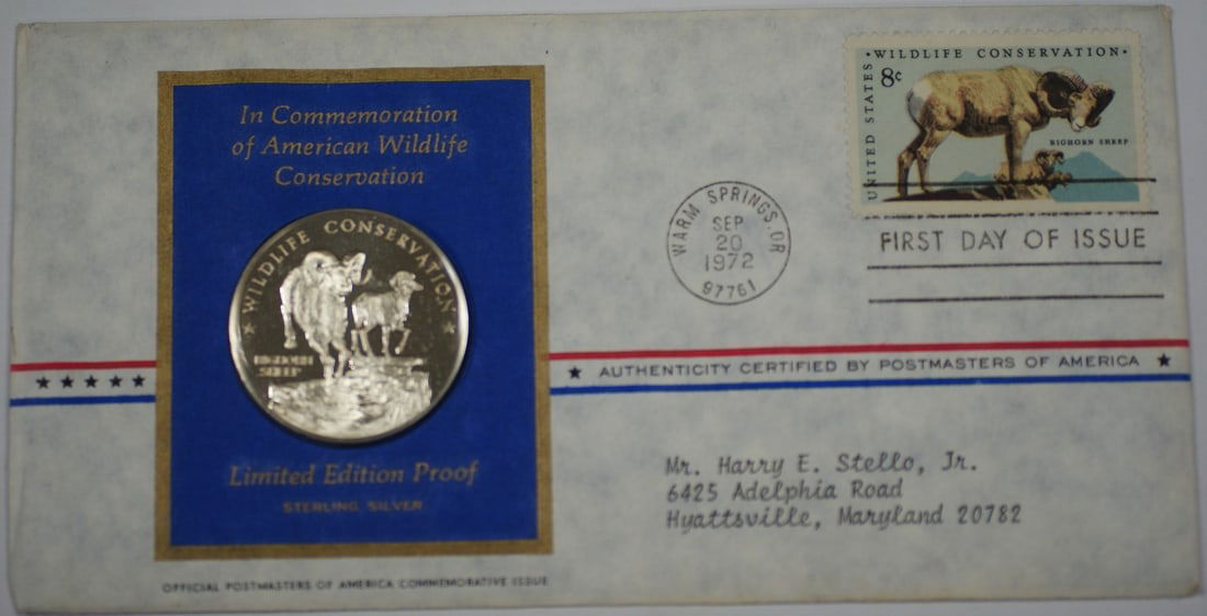 1972 Franklin Mint Bighorn Sheep Silver Commemorative Medal Uncirculated: 1972 Franklin Mint Bighorn Sheep Silver Commemorative Medal Uncirculated This 1972 American Wildlife Conservation Commemorative Medal features the iconic Bighorn Sheep, celebrating the beauty of wildl