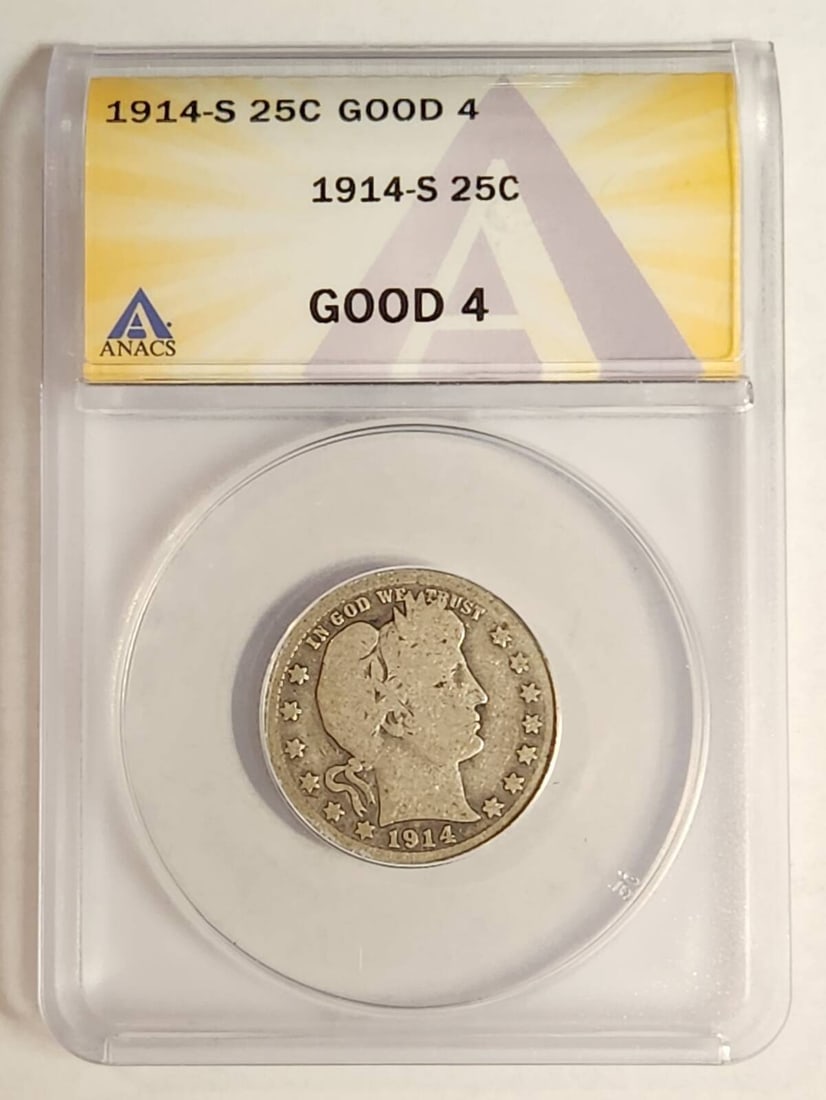 1914 S Barber Quarter Silver Coin ANACS G4 San Francisco: 1914 S Barber Quarter Silver Coin ANACS G4 San Francisco This 1914 S Barber Quarter is a notable piece for collectors, certified by ANACS with a grade of G 4. The coin is composed of silver and is cla