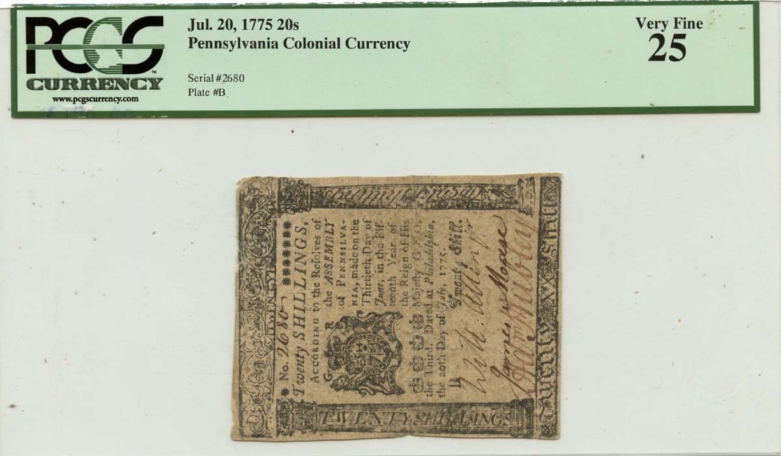 Pennsylvania 20 Shillings Colonial Currency July 20 1775 PCGS VF25 (1 of 2)