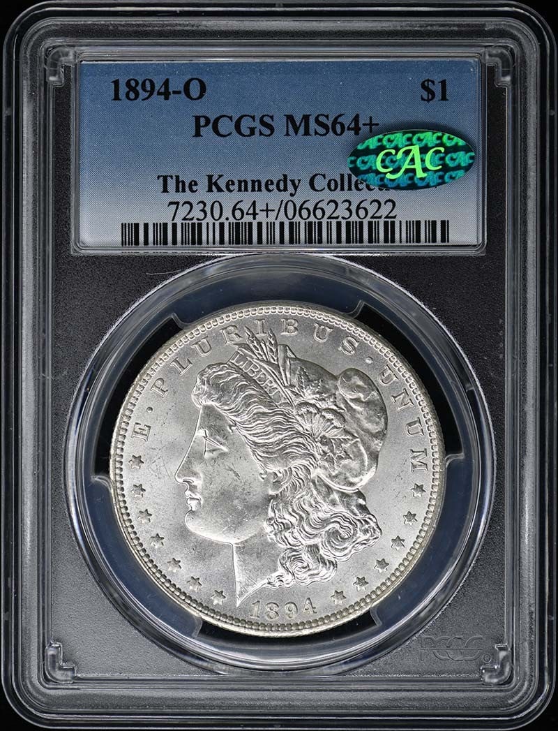 1894-O Morgan Dollar PCGS MS64+ CAC Certified Uncirculated: 1894-O Morgan Dollar PCGS MS64+ CAC Certified Uncirculated This 1894-O Morgan Dollar is a remarkable piece, certified by PCGS with a grade of MS64+. It is an uncirculated coin from the New Orleans min