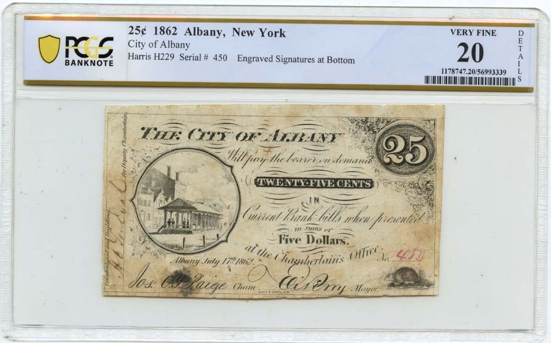 1862 25 Cent Albany New York Obsolete Note PCGS VF20 (1 of 2)