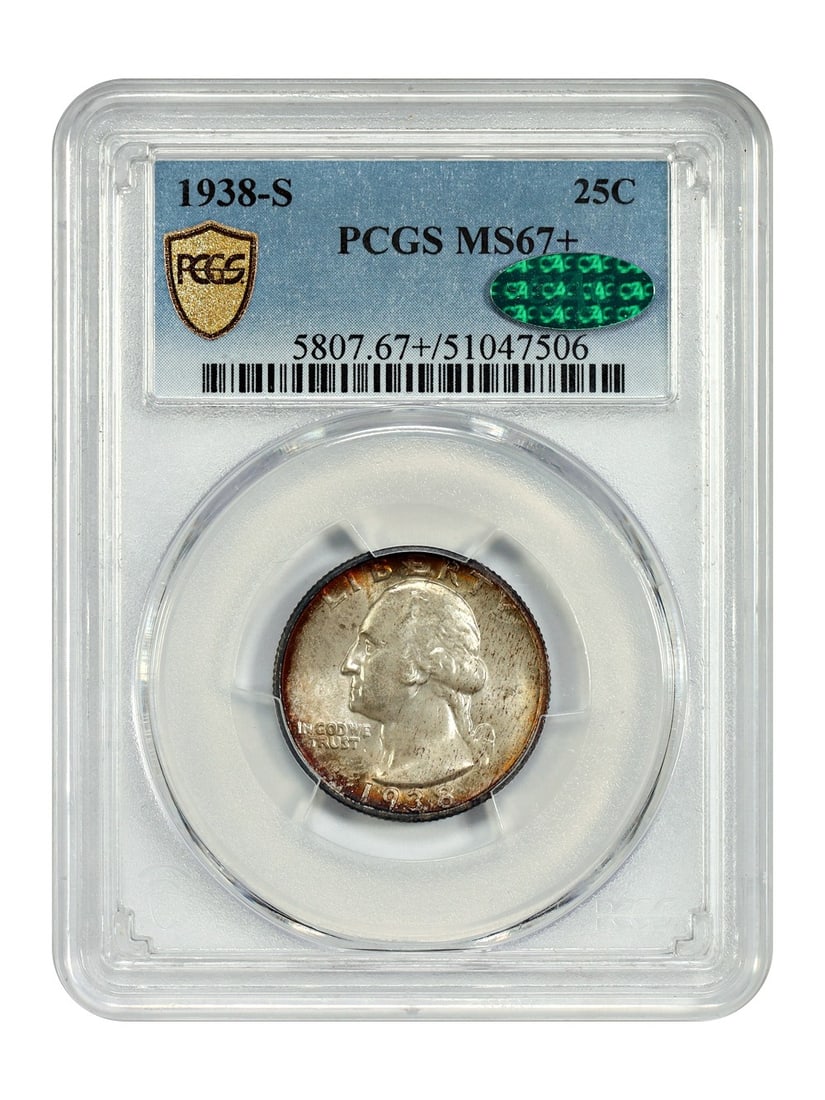 1938-S Washington Quarter PCGS MS67+ CAC Certified Uncirculated: 1938-S Washington Quarter PCGS MS67+ CAC Certified Uncirculated This stunning 1938-S Washington Quarter is certified by PCGS with a grade of MS67+, showcasing its exceptional quality. The coin feature