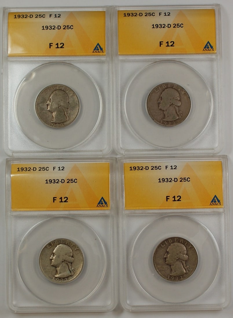 1932-D Silver Washington Quarter ANACS F-12 Denver Mint 25C: 1932-D Silver Washington Quarter ANACS F-12 Denver Mint 25C This 1932-D Silver Washington Quarter is a remarkable piece for collectors. Certified by ANACS, this coin features the iconic Washington des