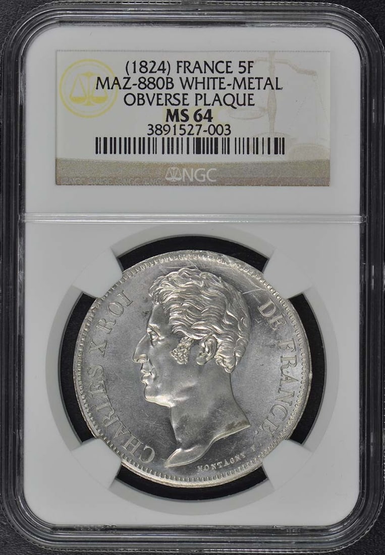1824 ESSAI France 5 Francs Graded MS64 by NGC White Metal Coin: 1824 ESSAI France 5 Francs Graded MS64 by NGC White Metal Coin This is an uncirculated 1824 ESSAI 5 Francs coin from France, certified by NGC with a grade of MS64. The coin features a striking white m